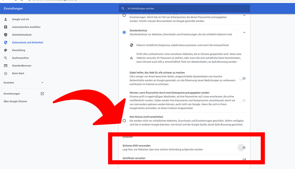 Chrome DNS over HTTPS Einstellungen