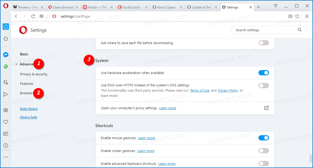 Screenshot, Opera Browser, Einstellungen öffnen