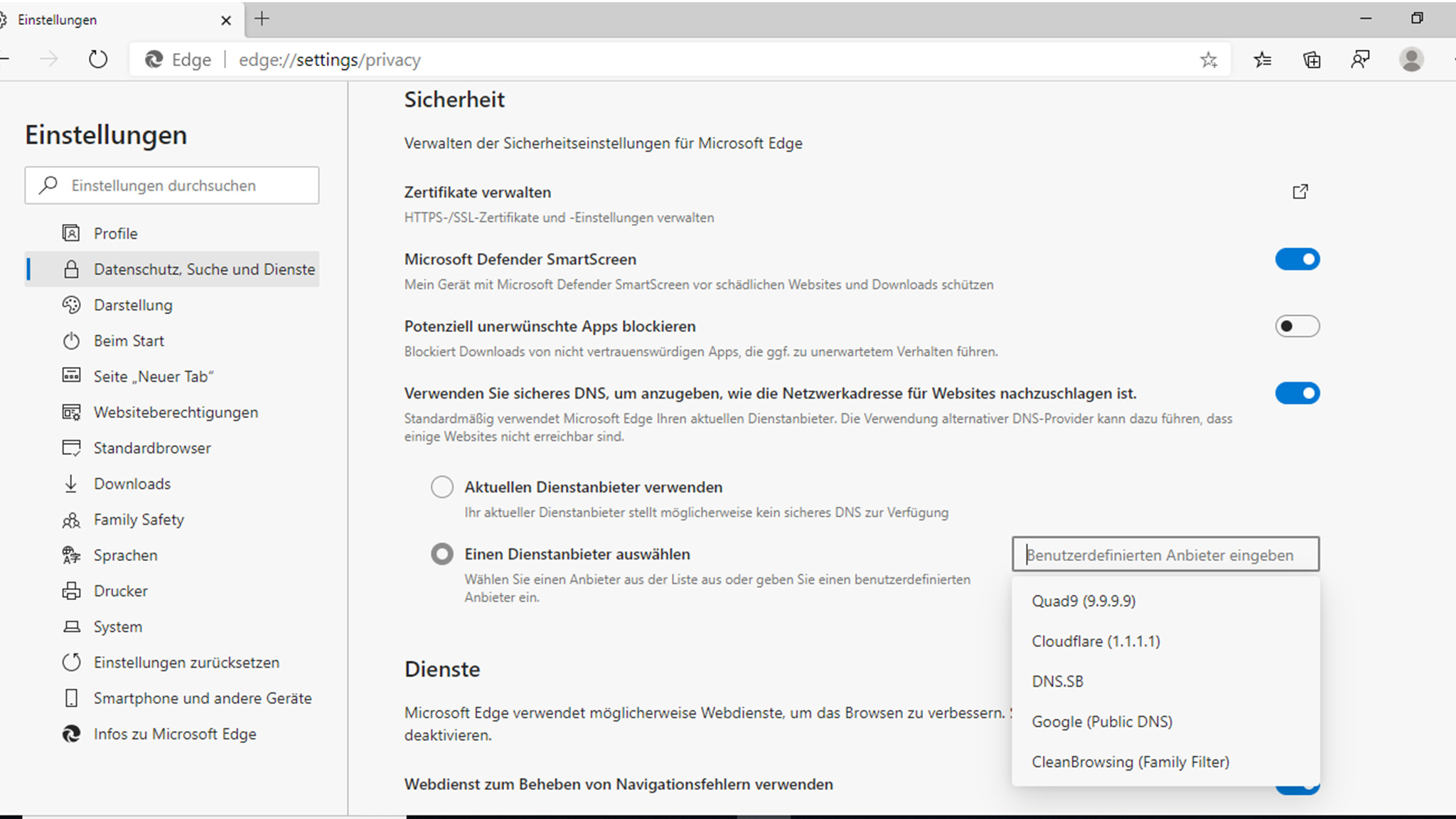 Screenshot, Edge Browser DNS over HTTPS