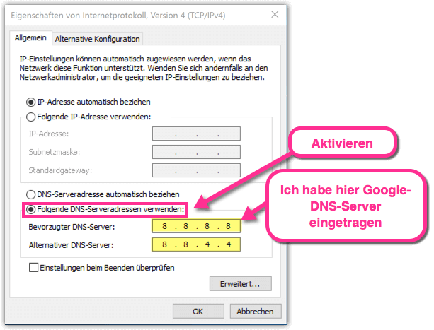 Screenshot, Windows DNS Server auf Google DNS setzen