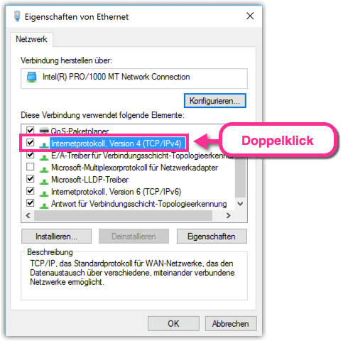 Screenshot, Windows 10 DNS Internet-Einstellungen