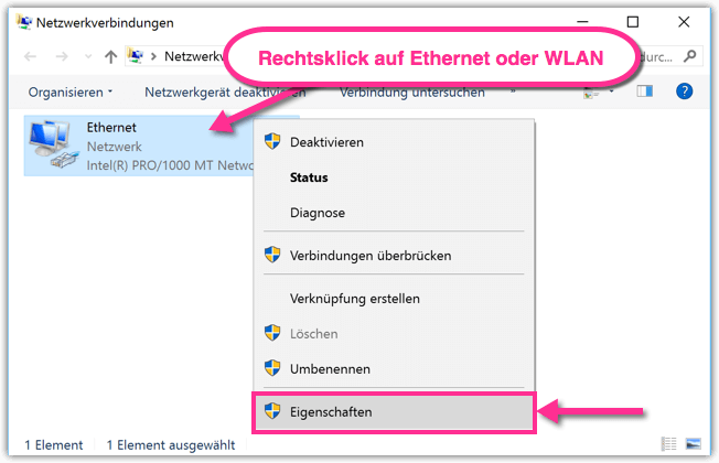 Screenshot, Windows 10 IPv4 Einstellungen